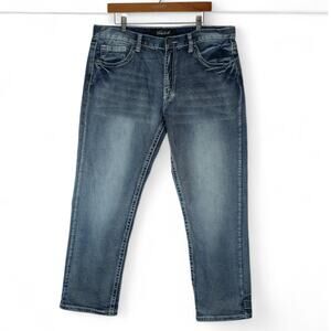 True Luck Jeans Mens 38x30 Blue Straight Leg White Stitch Embroidered Stretch